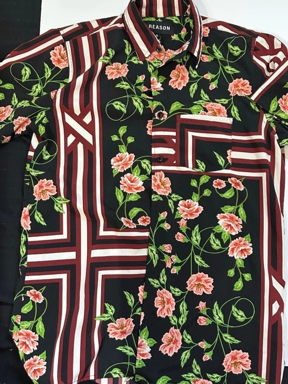 Reason Floral Stripe Button Up Shirt Black & Red Small